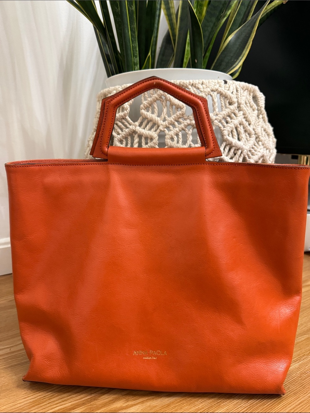 Anna Paola Orange Leather Tote with Hex Handle